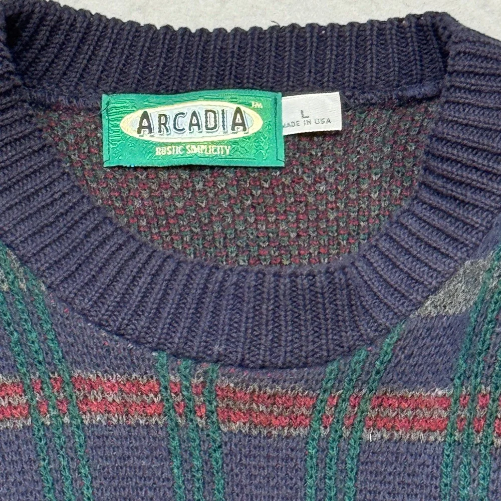 VTG 90s‎ Arcadia Sweater Mens L Blue Red Green Plaid Knit Made in USA Crewneck